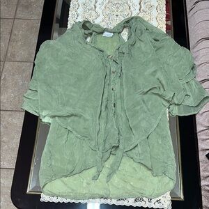 Green vintage short sleeved tie neck blouse